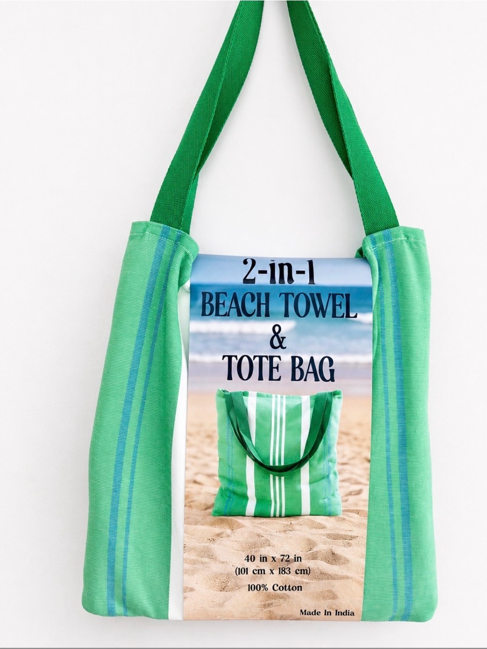 BOHO PICNIC, 2-in-1 Beach Towel & Tote Bag - Green Stripe NWT